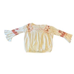 Free People White Floral Embroidered Button Front 3/4 Sleeve Shirt Size M